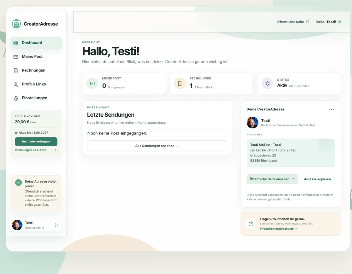 CreatorAdresse Creator-Cockpit mit Dashboard, Posteingang und öffentlicher Adresse